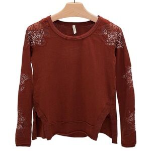 Free People Long Sleeve Lace Inset Rust Burnt Orange Lightweight Pullover